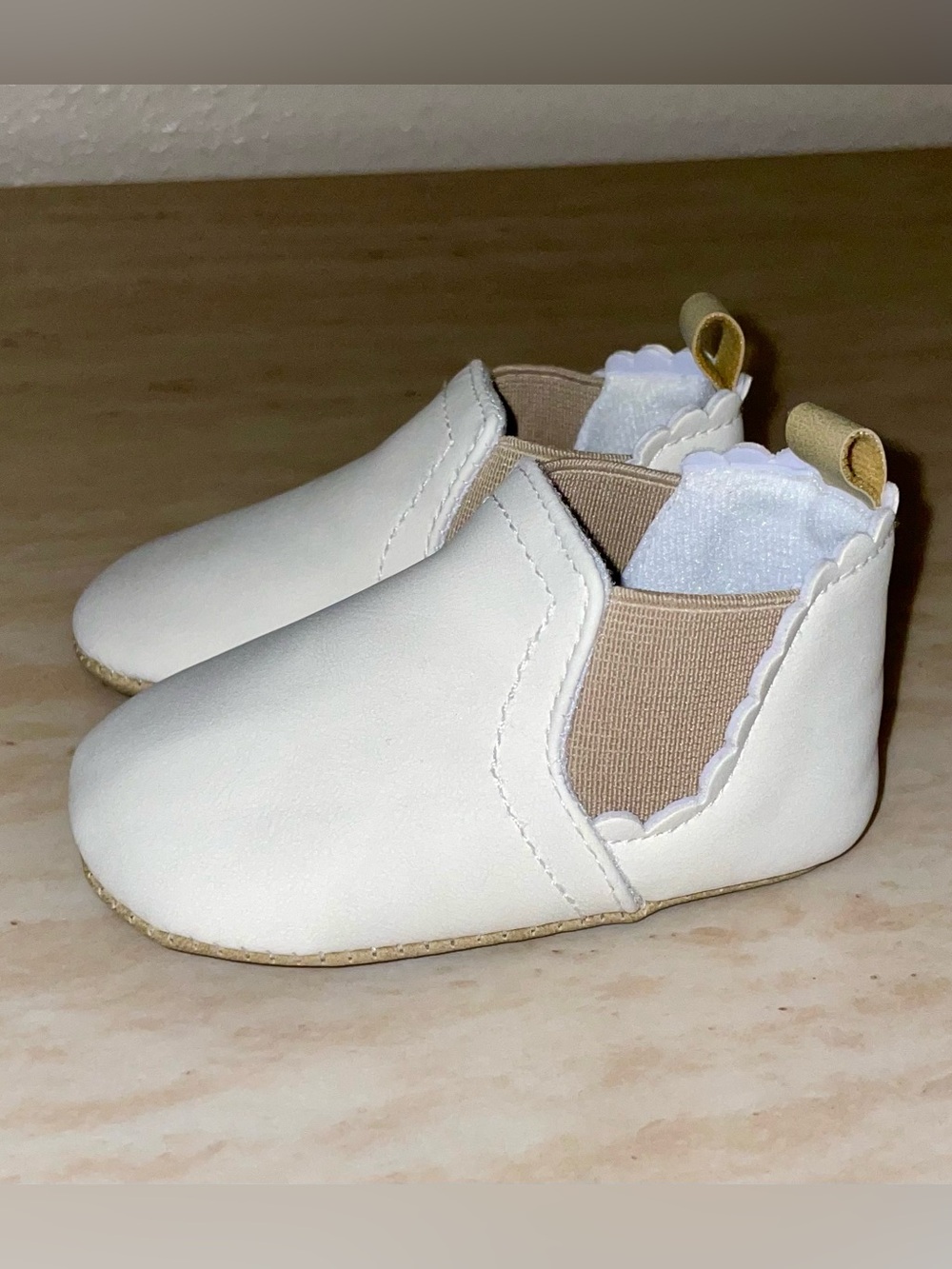 Carter's White and Tan Scalloped Slip-On Baby Shoes